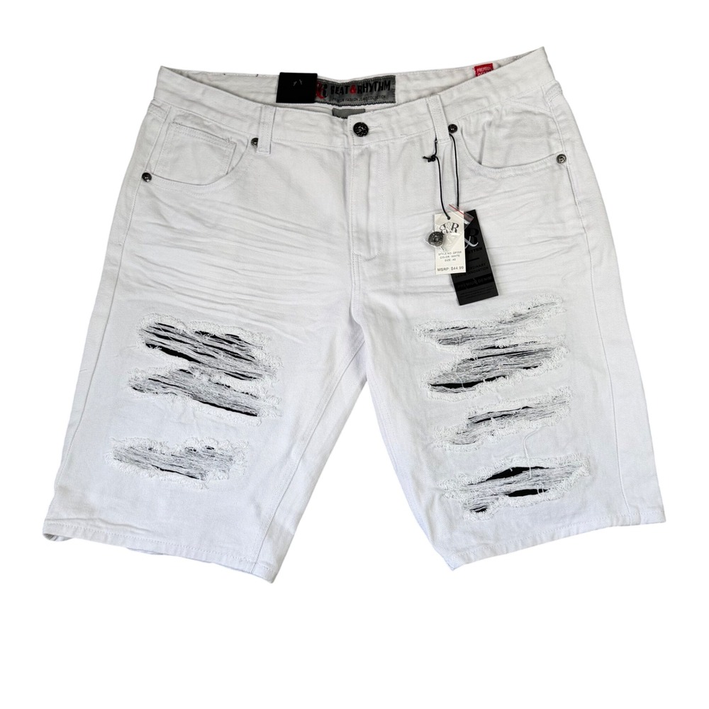 Beat & Rhythm Mens White Distressed Denim Shorts Size 40 DP258 NWT Streetwear